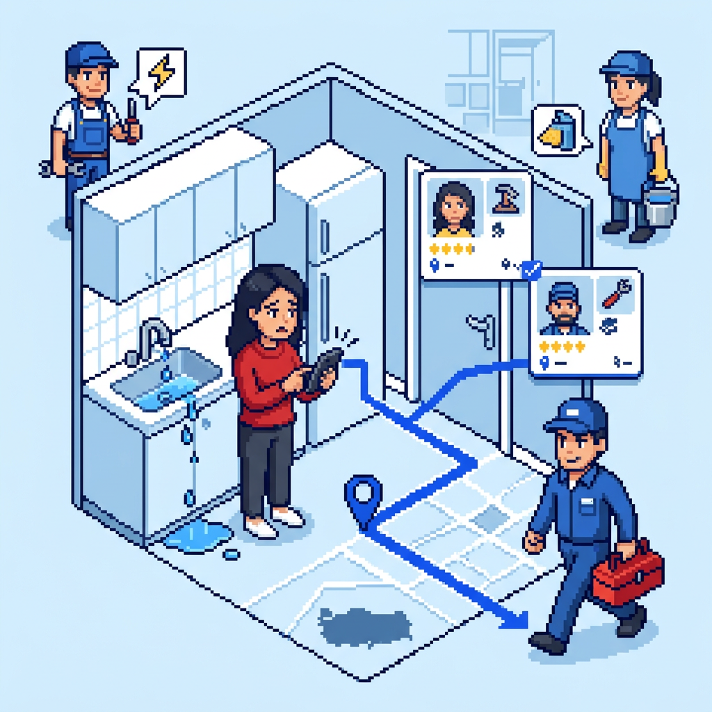 A homeowner finds a trusted local professional through Personera, illustrated in pixel art
